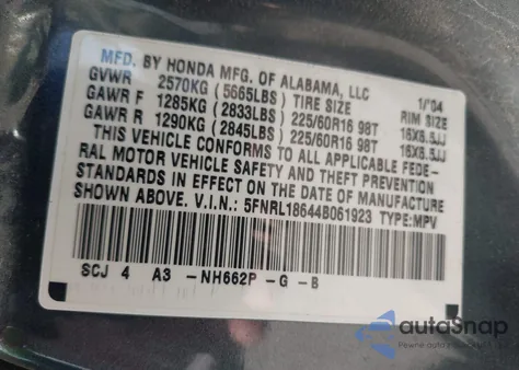 2004 Honda Odyssey Ex from USA, damaged, VIN 5FNRL18644B061923
